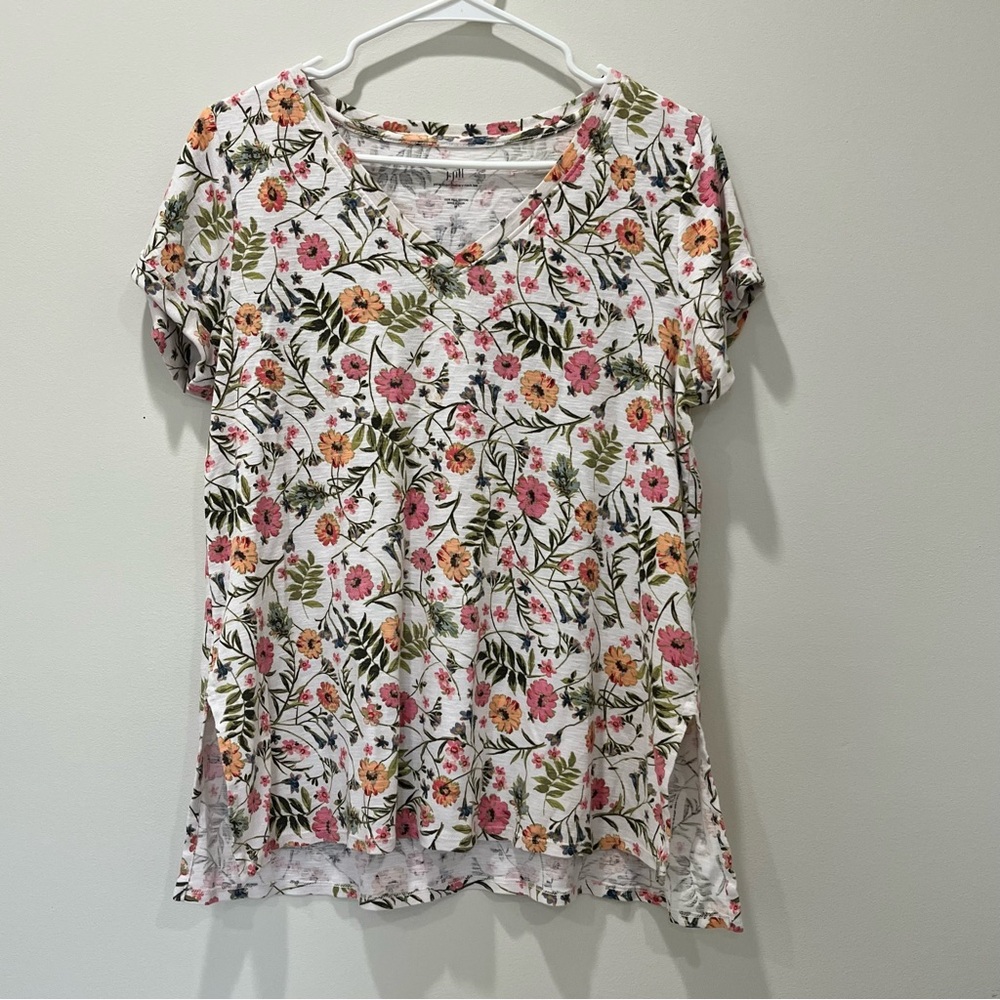 J Jill Pima Cotton  Womens Knit Top Short Sleeves Floral V Neck Size M
